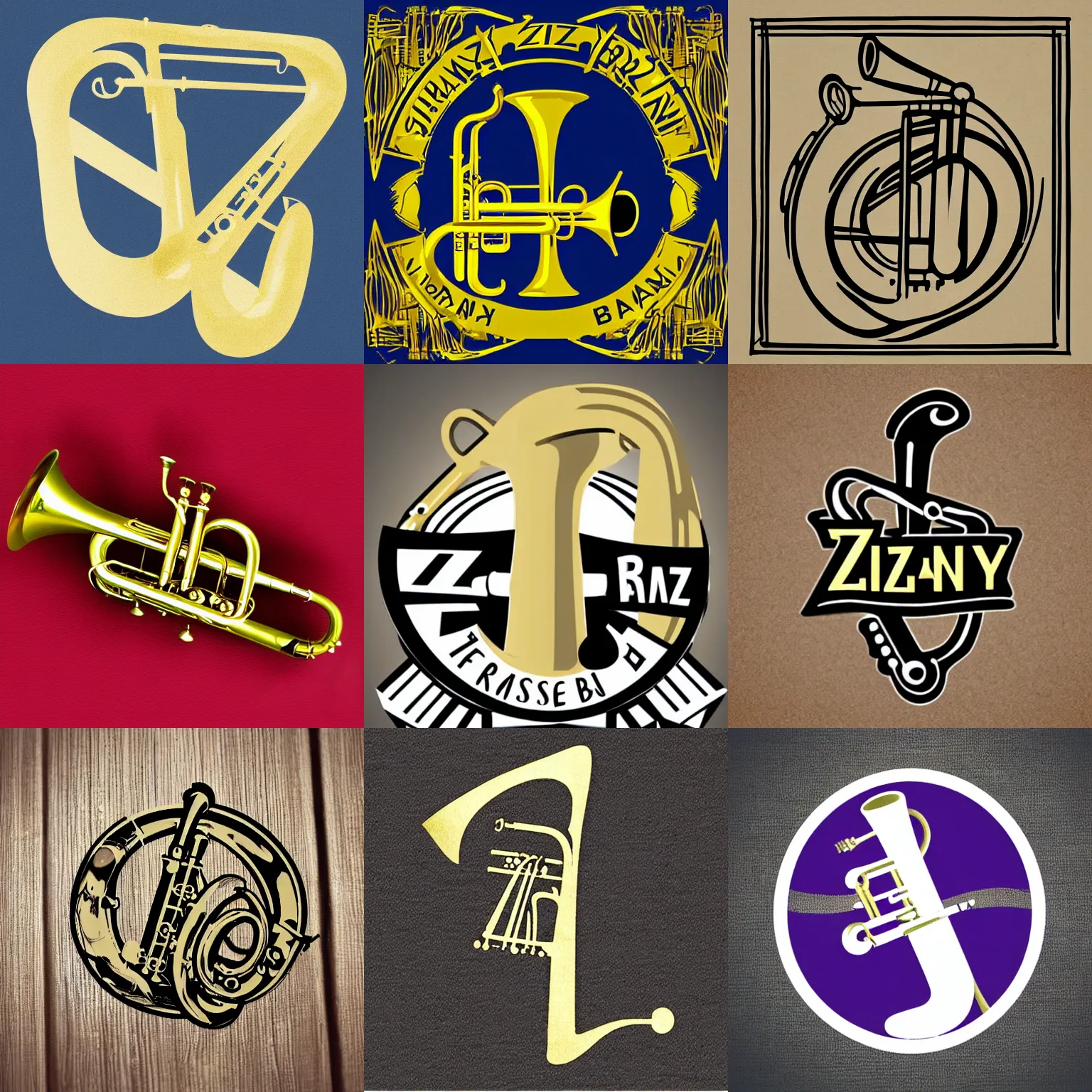 Prompt: the logo of zizany brass band, french brass band, minimalist, trumpet, saxophone