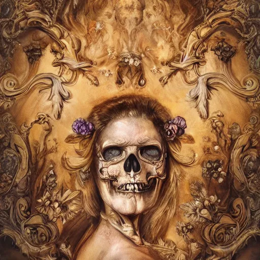 Image similar to a beautiful detailed front view baroque portrait of a rotten woman corpse becoming almost a skull with fractal plants and fractal flowers and mushrooms growing around, intricate, ornate, volumetric light, beautiful lit, polaroid photography