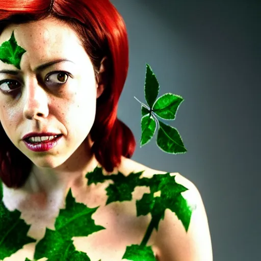 Image similar to film still of !!!Aubrey Plaza!!! as Poison Ivy in The Dark Knight, !!green skin!!, 4k