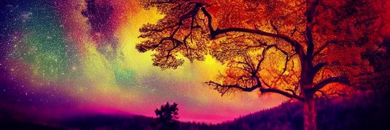 Prompt: beautiful trees, colorful stars and galaxies, rainbow, clouds, wilderness, psychedelic, trending on artstation, hd photography