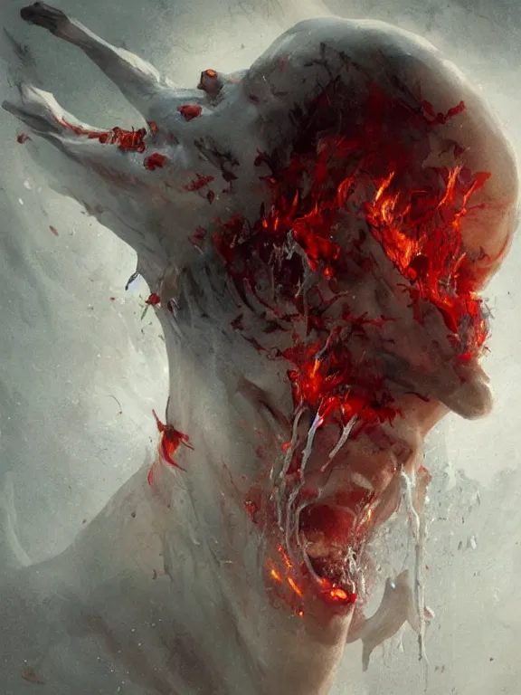 Prompt: painting by greg rutkowski of a flying human head with tears running down it's face face that is chalk white in color, with tentacles coming of the neck, fiery scorching red eyes, flying in a terrying hellish dark cavernous place