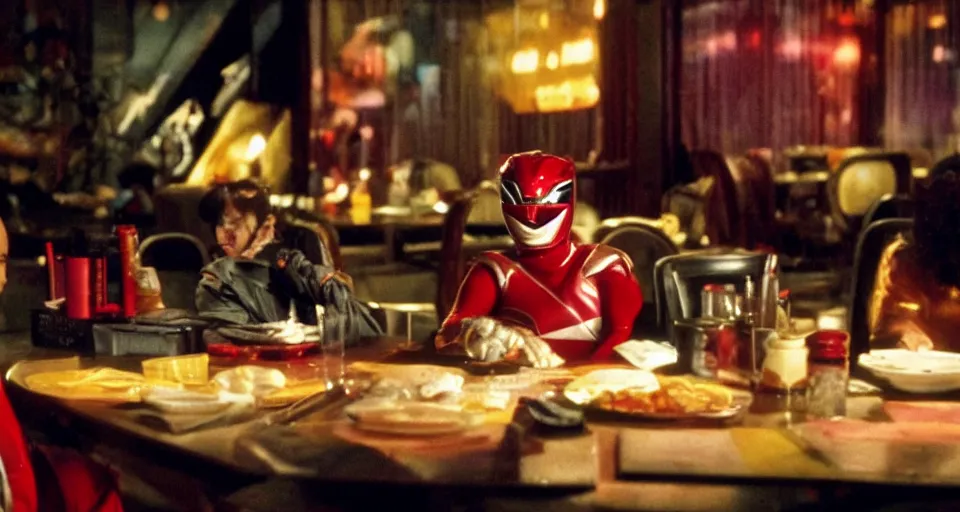 Prompt: Power Rangers film, a scene where A Power Ranger is eating only alone in a dark diner, he is tired and facing the table, Dark cinematic color tones.