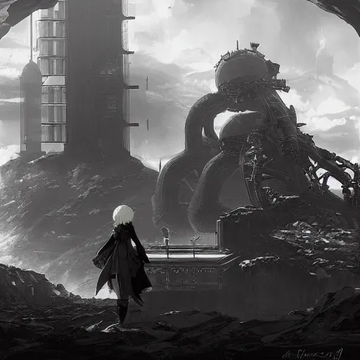 Prompt: a beautiful portrait of Nier Automata in a science fiction environment by ansel adams