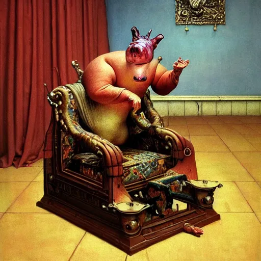 Image similar to a hyper realistic royal pig sits in his throne as a jester begs for his life moments before his demise, highly detailed, by zdzisław beksinski and norman rockwell and greg rutkowskiweta studio, and lucasfilm