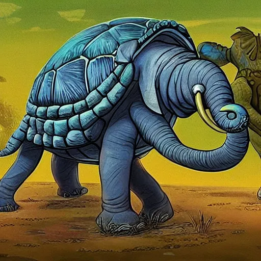 Prompt: Great A'Tuin is the Giant Star Turtle (of the fictional species Chelys galactica) who travels through the Discworld universe's space, carrying four giant elephants (named Berilia, Tubul, Great T'Phon, and Jerakeen) who in turn carry the Discworld