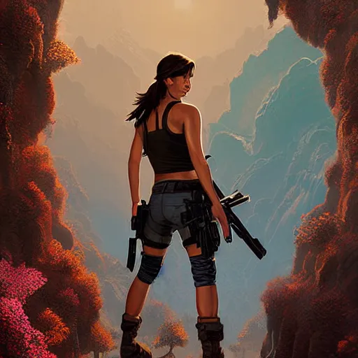 Prompt: Sandra Bullock as Lara Croft with pig-tails smiling, Alena Aenami, Petros Afshar, Noah Bradley, Anton Fadeev, Anato Finnstark, Steve Henderson, Filip Hodas, Mark Keathley, Thomas Kinkade, Phil Koch, Gilbert Williams, Mike Winkelmann, Beeple