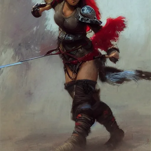 Image similar to a medieval bandit, asian female, athletic, gearing up for battle, candid, red accents, fantasy character portrait by gaston bussiere, craig mullins