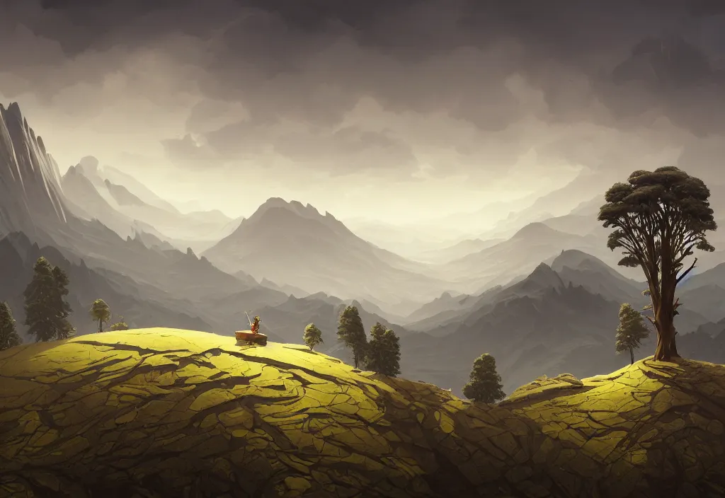 Image similar to mountain landscape without people, high trees, top of the hill, above low layered clouds, deep focus, fantasy, intricate, elegant, highly detailed, digital painting, artstation, concept art, matte, sharp focus, illustration, hearthstone, art by rhads and artgerm and greg rutkowski and alphonse mucha. gediminas pranckevicius