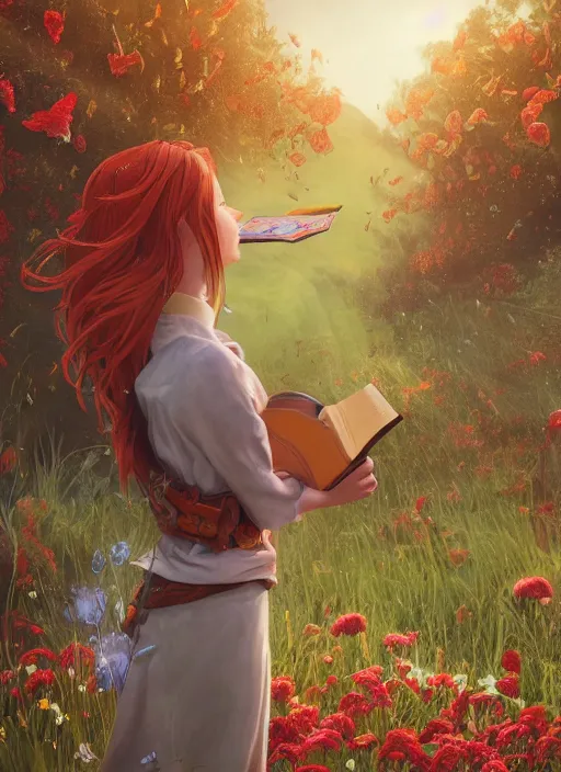 Image similar to An epic fantasy comic book style portrait painting of a young red headed girl reading a book in a field of flowers surrounded by bees, unreal 5, DAZ, hyperrealistic, octane render, cosplay, RPG portrait, dynamic lighting