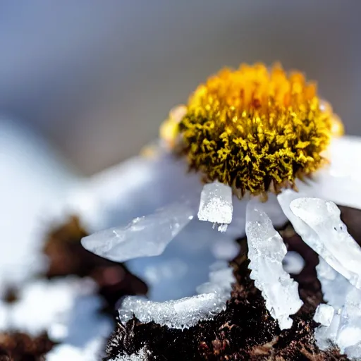 Prompt: a bee finding a flower made of ice in antarctica, only snow i the background, beautiful macro photography, ambient light