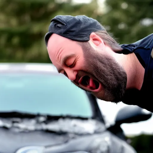 Image similar to Tom Segura laughing in front of a carcrash, hidden camera photo, photorealistic, 8k