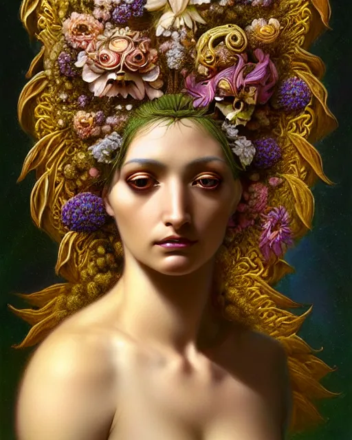 Image similar to portrait of the goddess of flourish and decay, unusual beauty, flowers and plants, emotionally evoking symbolic metaphors, head in focus, fantasy, ornamental, intricate, elegant, sensual, highly detailed digital painting, artstation, concept art, painterly, golden ratio, sharp focus, illustration, art by John William Godward and Boris Vallejo and Zdzisław Beksiński,