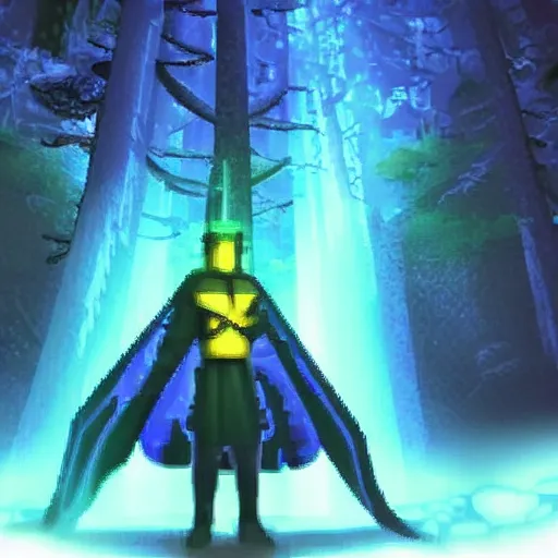 Image similar to a xanxia hero in a dark forest standing beside a glowing blue rectangle