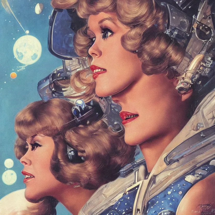 Image similar to close - up portrait of retrofuturistic jane fonda in space. reflective detailed textures. soft gloomy dark background. highly detailed fantasy science fiction painting by moebius, norman rockwell, frank frazetta, and syd mead. rich colors, high contrast. artstation