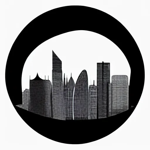 Prompt: a perfect circle where the inside is empty blank space and around the outer edge of the circle is the silhouette of a city skyline, black and white, minimalist, in the style of a charcoal drawing, made by david mellen