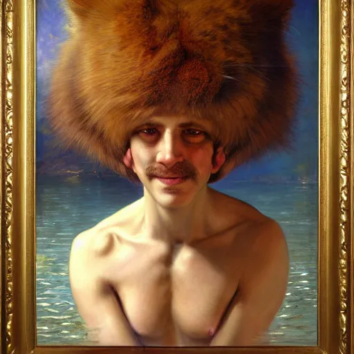 Prompt: a portrait of an very furry human with an anima's head in the pool, furry body, furry arms, furry legs, furry tail. highly detailed painting by gaston bussiere, craig mullins, j. c. leyendecker, furry