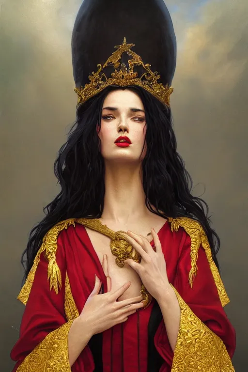 Image similar to Portrait of historically accurate, ancient biblical, sultry, sneering, evil, pagan, wicked, young queen jezebel, wearing gilded red robes, long black hair, intricate, elegant, highly detailed, digital painting, artstation, concept art, smooth, sharp focus, illustration, art by artgerm and greg rutkowski and alphonse mucha and andrei riabovitchev