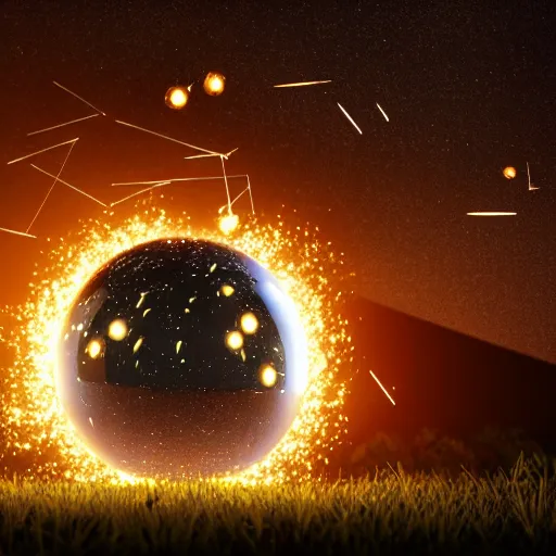 Prompt: chrome orb surrounded by fireflies and sparks, octane render, cinematic, dramatic lighting, high - end cgi, 4 k, incredible, splash page