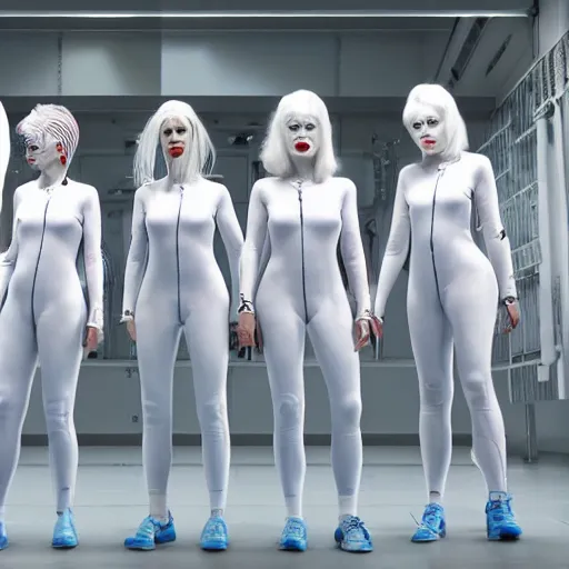 Image similar to troop of freak show women with white apache hairdos, white hair, tight light blue neopren suits, futuristic production facility, sci - fi, highly detailed, cinematic