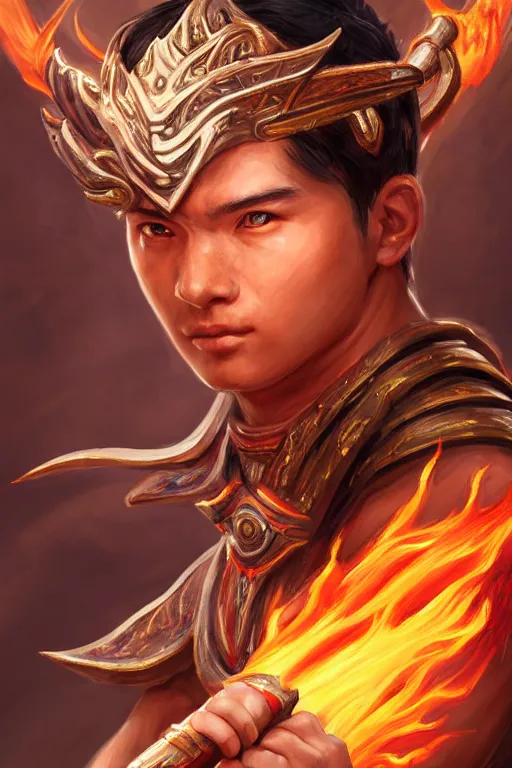 Image similar to a masterpiece portrait of nezha, legendary god holding spear, boy, flame everywhere, epic pose, fantasy character portrait, closeup shot, hyper detailed, digital painting, 8 k realistic, trending on artstation, sharp focus, dof, by fenghua zhong, artgerm, ne zha from smite, jeff easley, raymond swanland