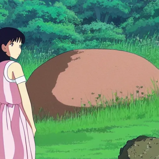 Image similar to a large rock in the middle of a beautiful lush field by studio ghibli. there's a girl in a dress next to the rock