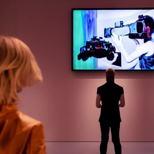 Image similar to art curator looking at a screen with a painting of virtualboy, recursive, on stage in the middle of a fashion show in the style of grand chamaco and stanley kubrick, inspired by y - 3, photorealistic, epic, super technical, cinematic still