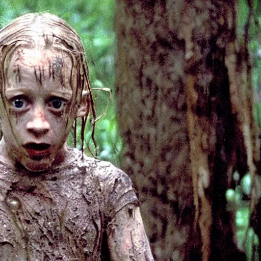 Image similar to cinematic still of macaulay culkin age 8, covered in mud and watching a predator in a swamp in 1 9 8 7 movie predator, hd, 4 k