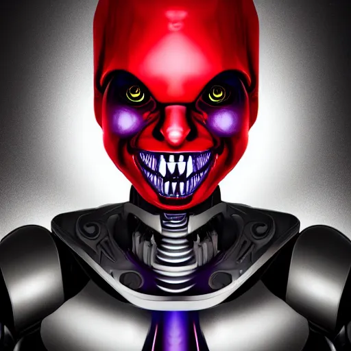 Prompt: portrait of a menacing evil villain robot, glowing dark red eyes, metal teeth, purple tubes, striking