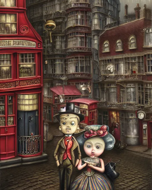 Prompt: highly detailed closeup, portrait of a tin toy victorian london streets, hyper realistic, artstation, illustration, nicoletta ceccoli, mark ryden, lostfish, dan decarlo, bob clampett, max fleischer, digital paint, matte paint, vivid colors, detailed and intricate environment