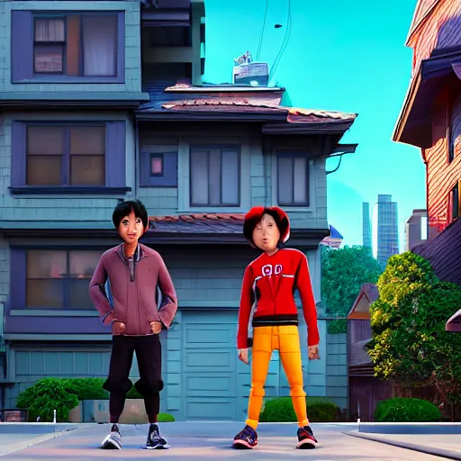 Prompt: hiro and tadashi hamada standing in front of their home in san fransokyo, pixar film, big hero 6, hyper detailed, digital art, trending in artstation, cinematic lighting, studio quality, smooth render, unreal engine 5 rendered, octane rendered