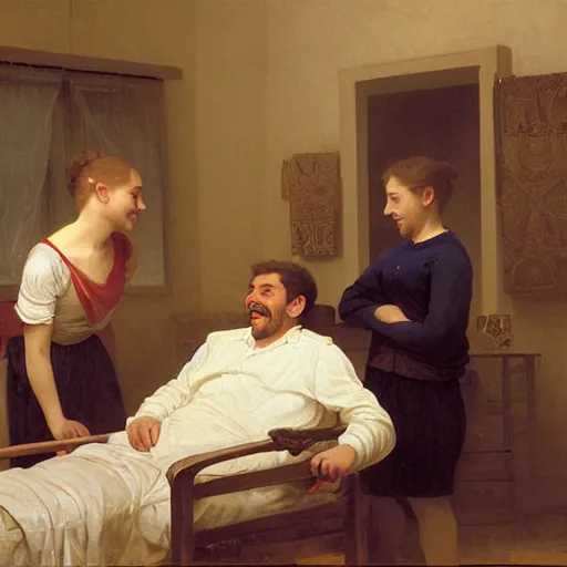 Image similar to a male patient at home with his wife and son standing by. happy, cheerful, smiling, intricate, face enhance, sharp focus, cinematic lighting, featured in artistation, 8 k, art by greg rutkowski, william adolphe bouguereau