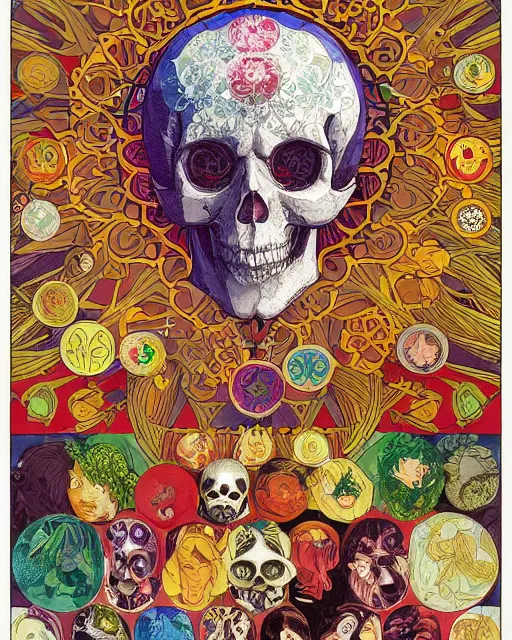 Prompt: anime manga skull art surrounded by varities of superhot chili peppers, cell shading, voronoi, fibonacci sequence, sacred geometry by Alphonse Mucha, Moebius, hiroshi yoshida, Art Nouveau, colorful, ultradetailed, vivid colour, 3d