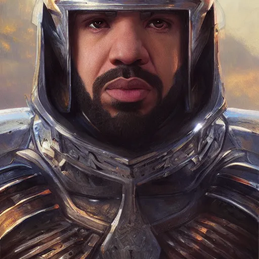 Prompt: drake as a realistic fantasy knight, closeup portrait art by donato giancola and greg rutkowski, digital art, trending on artstation, symmetry!!