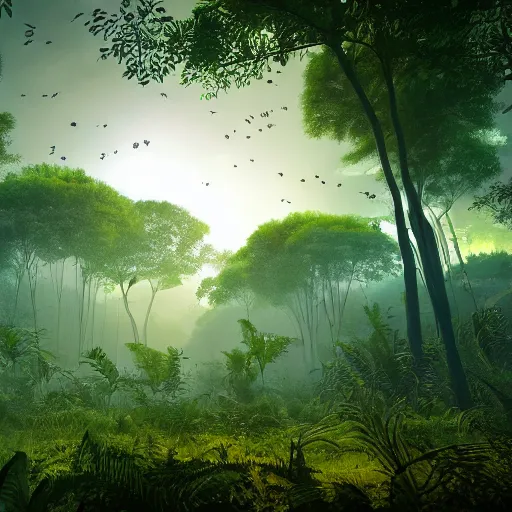 Image similar to a lush alien forest, yellow and green sky, birds in flight, humid alien jungle, atmospheric, exotic, unreal engine, trending on artstation