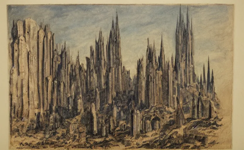 Prompt: a landscape painting of neo - gothic skyscrapers in a large cavern, henri berthaut, ( ( colored pen ) ), absurdist, miner kilbourne kellogg