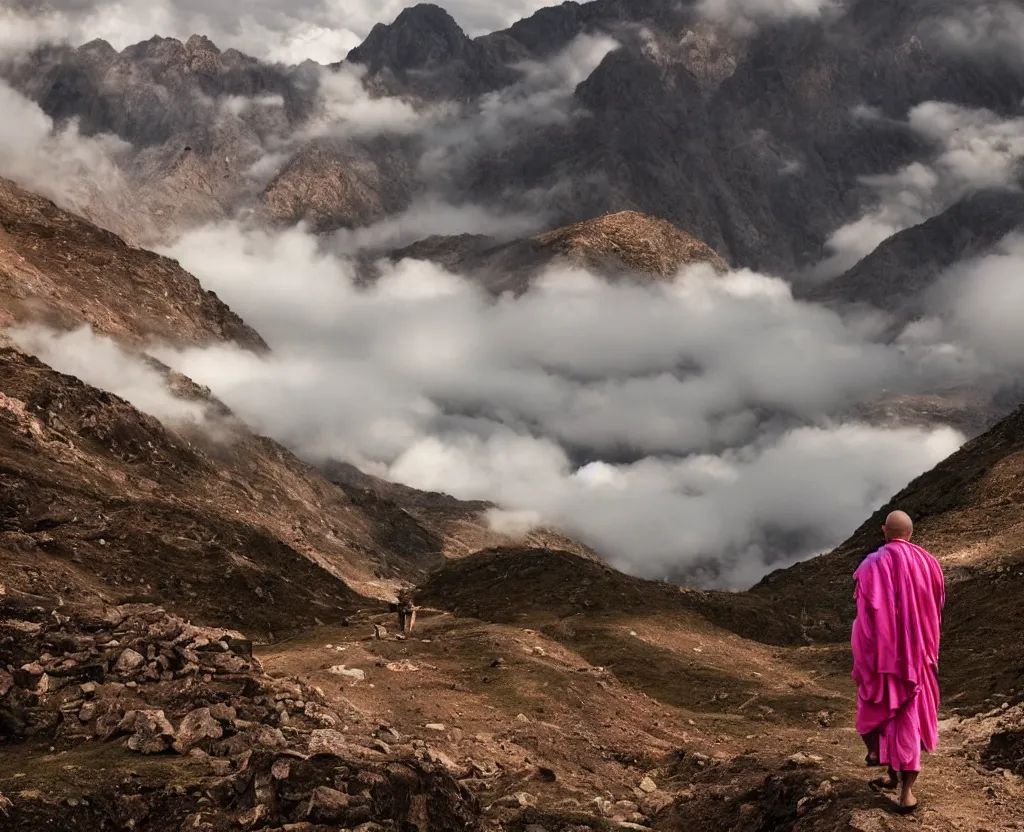 Prompt: a pink monk wandering trough the mountains looking at the clouds very detailed focused photography cinematic lighting by martin parr