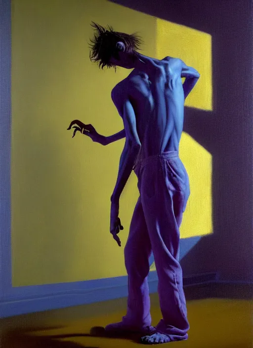 Prompt: an expressive skinny artist wearing overalls physically fighting with a ghost, inside a grand studio, depth of field, hauntingly surreal, highly detailed oil painting, by francis bacon, edward hopper, adrian ghenie, glenn brown, soft light 4 k, purple and blue colour palette, cinematic composition, cinematic lighting, high quality octane render, masterpiece