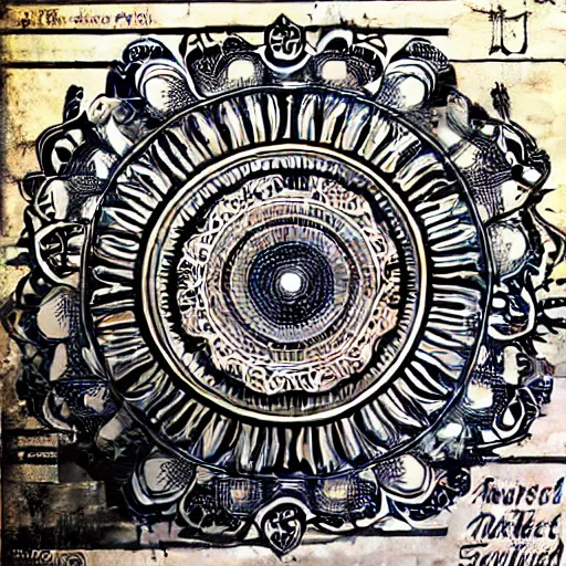 Image similar to symmetrical mandala pattern of machine guns, shotguns, rifles, revolvers, bullets, styled as a tattered paperback cover, ultra-realistic, intricate fluid details,