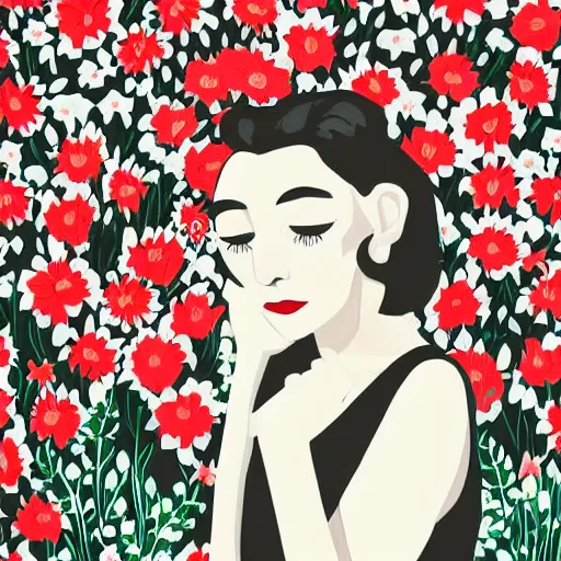 Image similar to Woman standing in a black dress, black and red lips and white hair, she is standing in a garden with flowers and birds James Gilleard