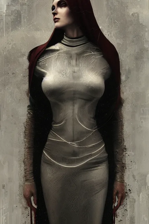 Image similar to ultra realist and ultra intricate detailed soft painting of a beautiful slim curvy female cybernun in long religious dress, thin lustrous auburn hair, symmetry features, sensual gloomy style, soft painting, volumetric clouds, cyberpunk background, artstation, Tom Bagshaw artstyle, unreal render, depth of field