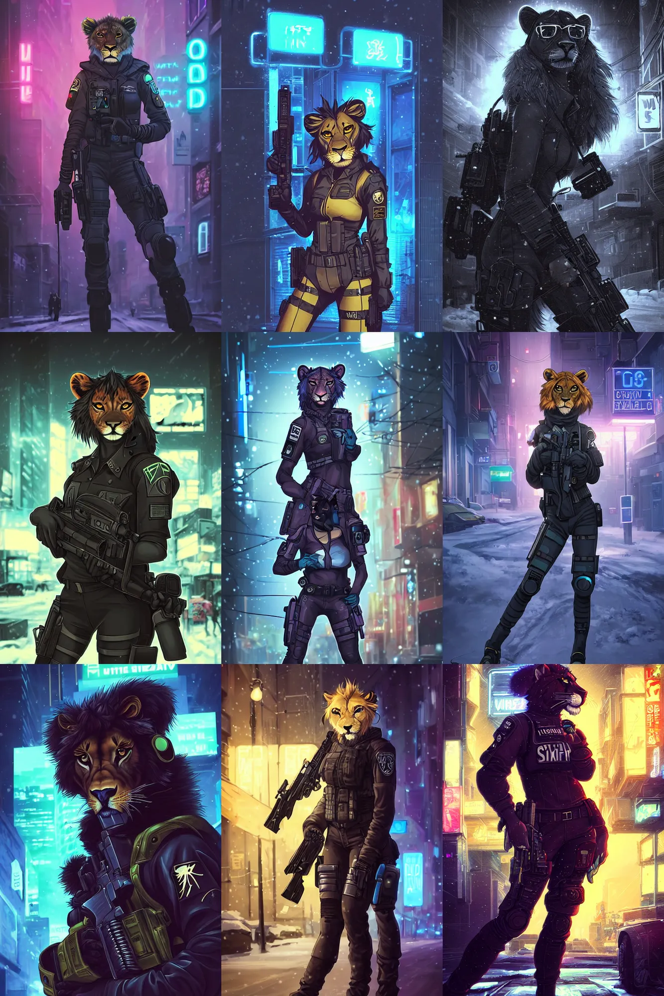 Image similar to beautiful furry art portrait commission of a female furry anthro lioness fursona wearing a tactical cyberpunk swat uniform in the streets of a cyberpunk city at night in the snow. neon light. character design by charlie bowater, ross tran, artgerm, and makoto shinkai, detailed, inked, western comic book art