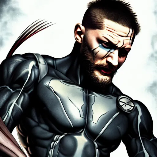 Image similar to Tom Hardy in wolverine suit Digital art 4K quality Photorealism