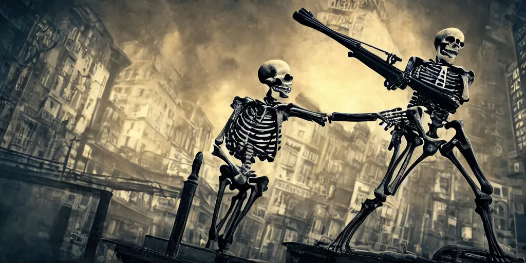 Prompt: skeleton in a pinstripe suit firing a tommy gun, realistic 4 k octane beautifully detailed render, 4 k post - processing, highly detailed, intricate complexity, epic composition, magical atmosphere, cinematic lighting, masterpiece, ultra hd