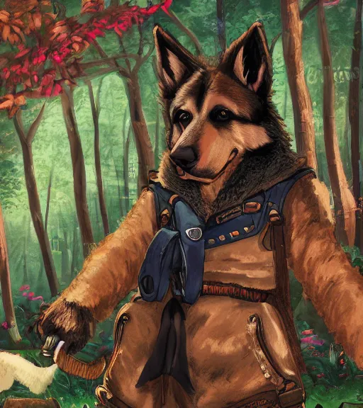 Prompt: close up character portrait icon of the anthro anthropomorphic very cute german shepard trader head animal person fursona wearing clothes standing in the bright forest, hidari, color page, tankoban, 4 k, tone mapping, akihiko yoshida