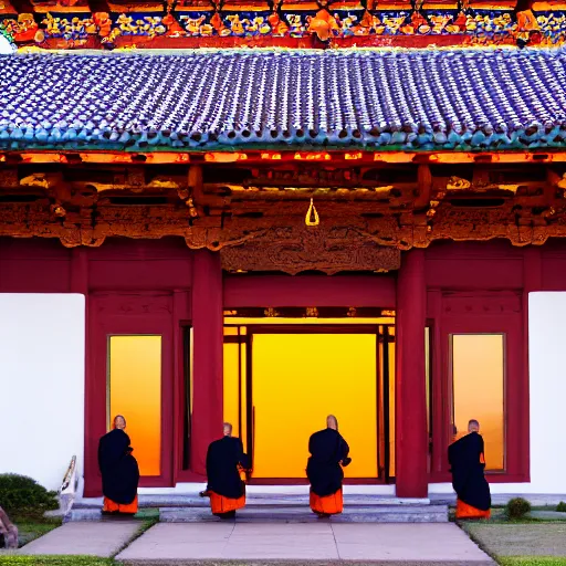 Image similar to several monks outside a buddhist temple, twilight, golden hour,