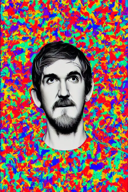 Image similar to inspirational style hope poster of bo burnham with beard by steven belledin, psychedelic colors, highly detailed, realistic, loving