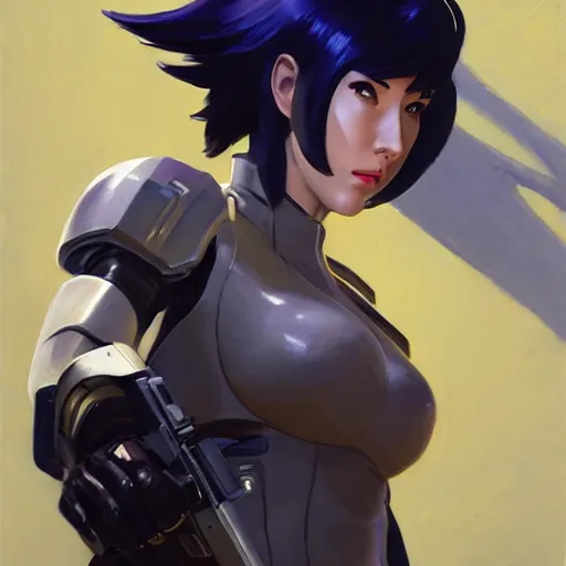 Image similar to greg manchess portrait painting of invisible armored motoko kusanagi as overwatch character, medium shot, asymmetrical, profile picture, organic painting, sunny day, matte painting, bold shapes, hard edges, street art, trending on artstation, by huang guangjian, gil elvgren, ruan jia, greg rutkowski, gaston bussiere