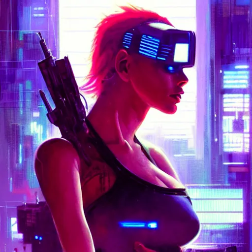 Prompt: a sexy cyberpunk hacker, dystopian mood, vibrant colors, sci-fi character portrait by gaston bussiere, craig mullins, Simon Bisley, curvy
