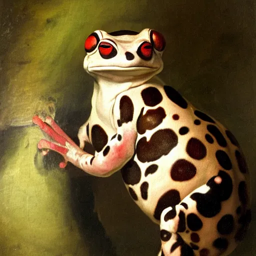 Prompt: a painting of an amazon milk frog wearing a black waistcoat, an american romanticism painting by john trumbull, cgsociety, soft focus