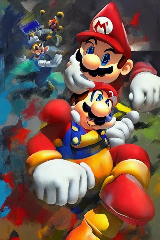 Image similar to abstract figurative rendition of super mario fighting bowser by'phil hale '!!! exaggerated lanky proportions, motion lines,'action lines '!!! graphic style, visible brush strokes, ( ( messy ) ) blurry